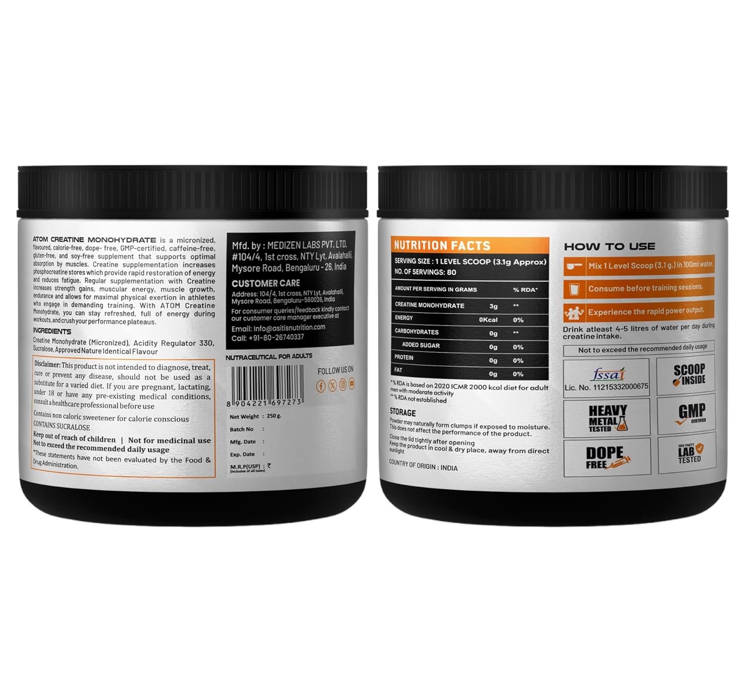 AS-IT-IS ATOM CREATINE MONOHYDRATE DOPE FREE 250GM