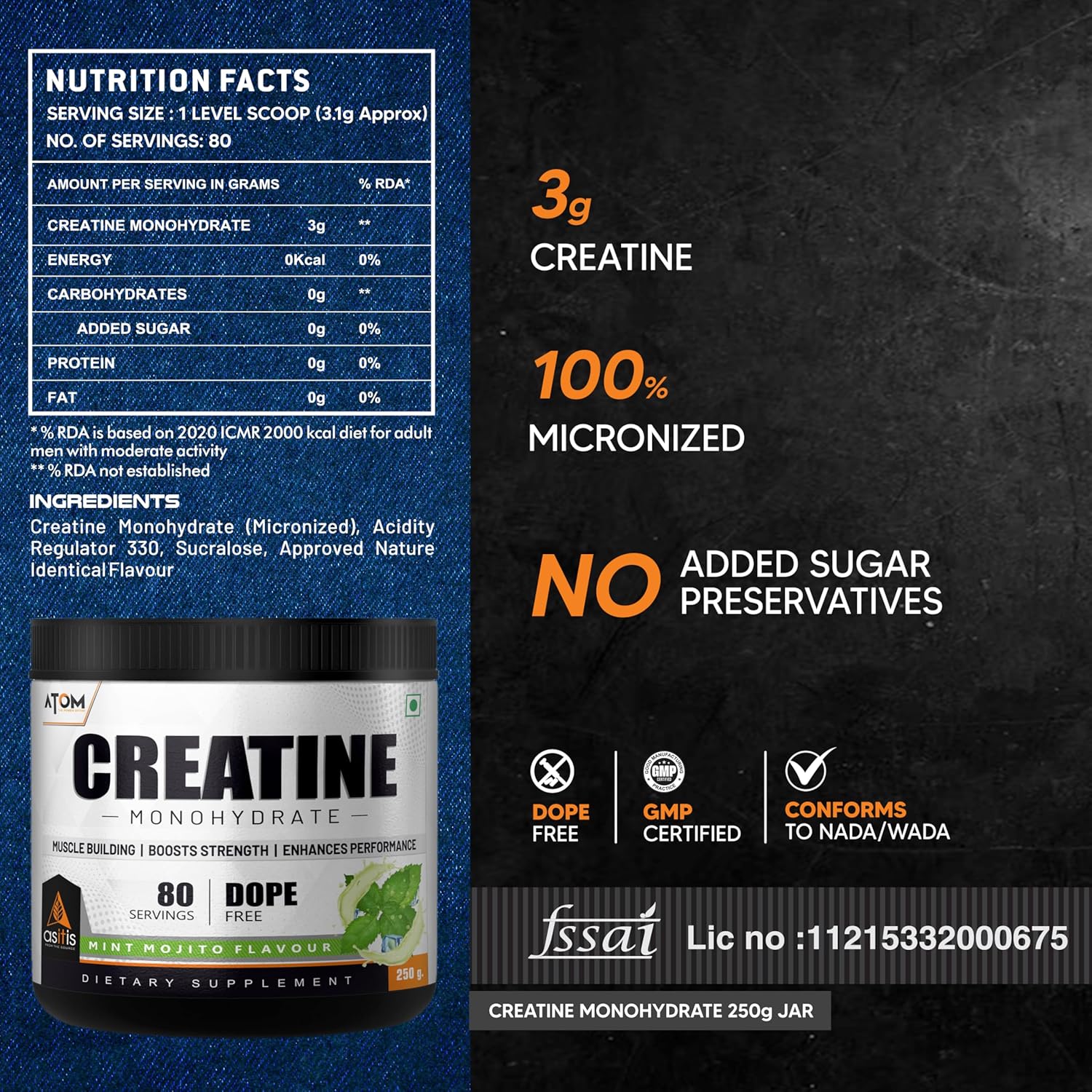 AS-IT-IS ATOM CREATINE MONOHYDRATE DOPE FREE 250GM