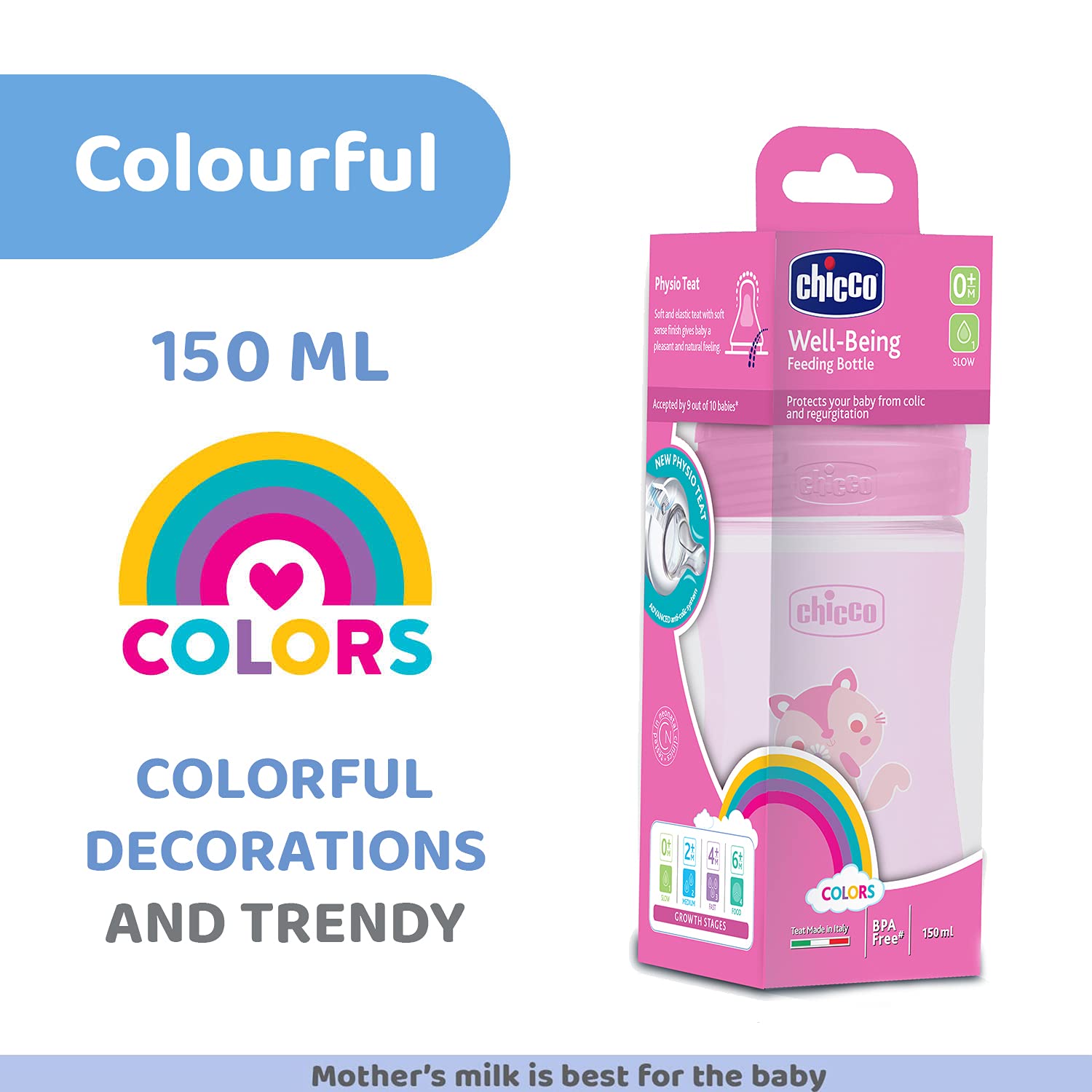 CHICCO WB COLOURED FEEDING BOTTEL 0M+ PINK GIRL 150ML