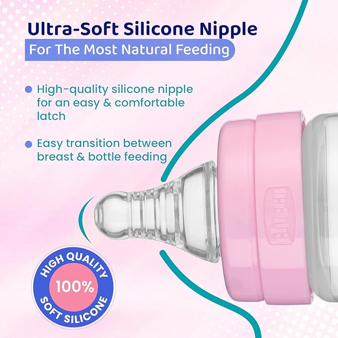 CHICCO WB GLASS MEDIUM FLOW FEED EASY BOTTEL 2M+ PINK 250ML