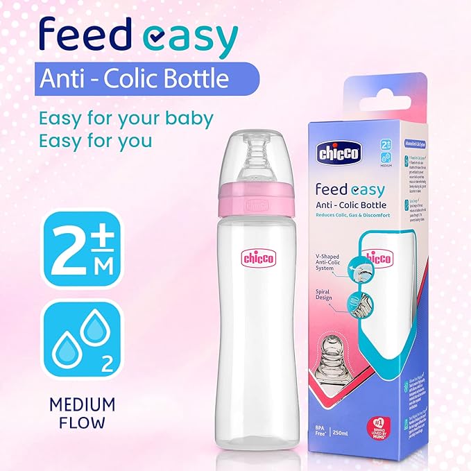 CHICCO WB GLASS MEDIUM FLOW FEED EASY BOTTEL 2M+ PINK 250ML