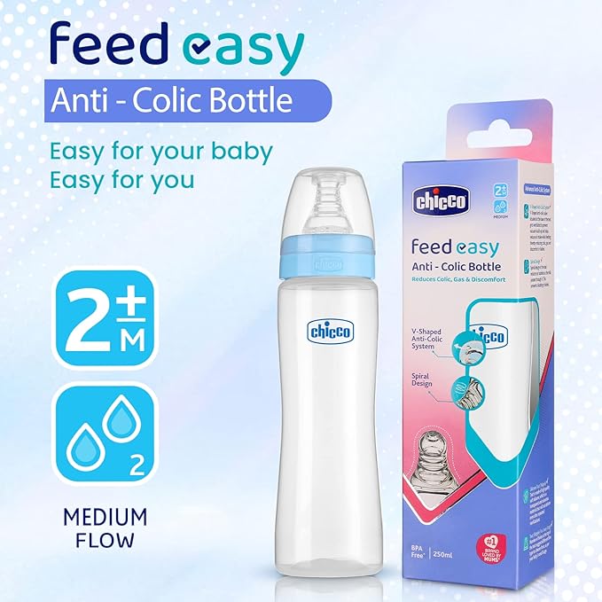 CHICCO WB GLASS MEDIUM FLOW FEEDING EASY BOTTEL 2M+ BLUE 250ML