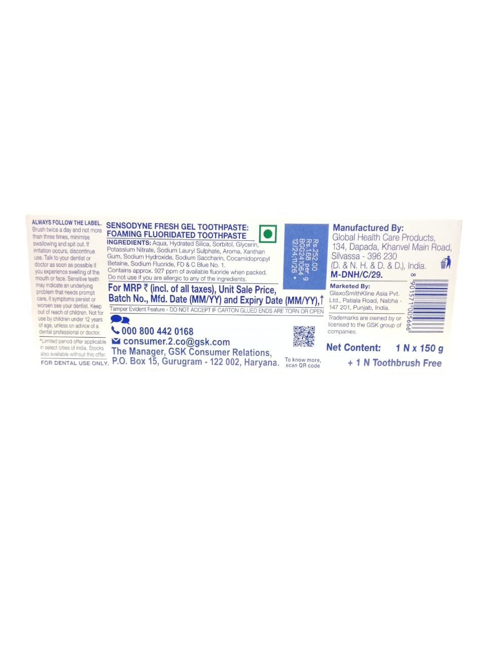 SENSODYNE FRESH GEL SENSITIVITY RELIEF TOOTHPASTE 150GM (TOOTHBRUSH FREE)