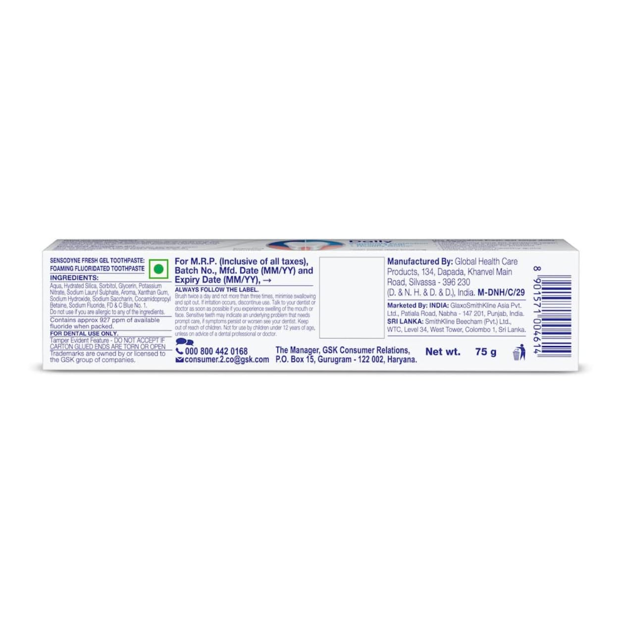 SENSODYNE FRESH GEL SENSITIVITY RELIEF TOOTHPASTE 75GM