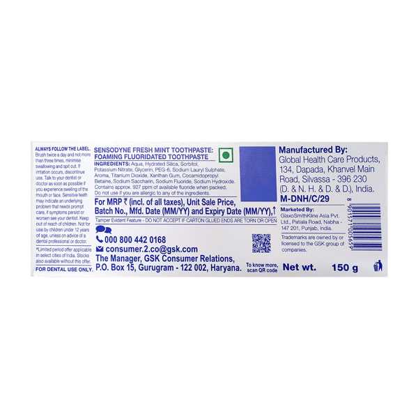 SENSODYNE FRESH MINT TOOTHPASTE 150GM (TOOTHBRUSH FREE)