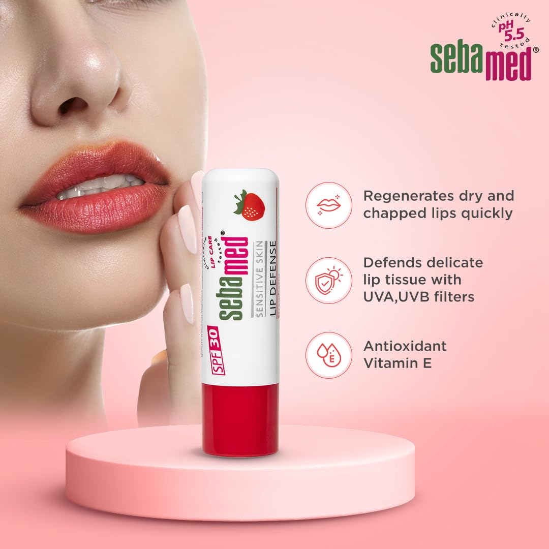 SEBAMED LIP DEFENSE LIP BALM WITH SPF 30 + VIT E | REGENERATES DRY, CHAPPED LIPS STRAWBERRY 4.8GM