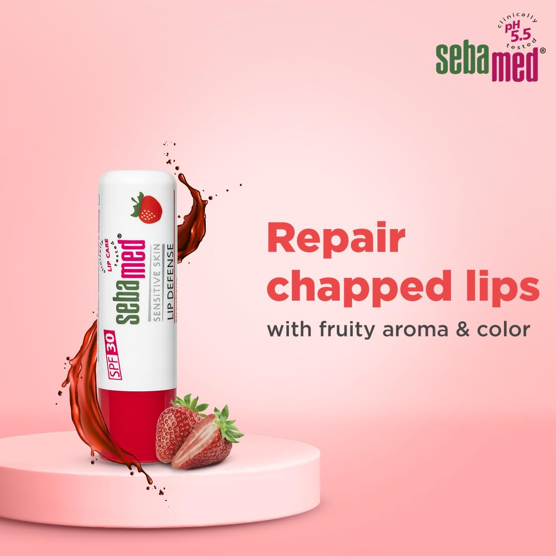 SEBAMED LIP DEFENSE LIP BALM WITH SPF 30 + VIT E | REGENERATES DRY, CHAPPED LIPS STRAWBERRY 4.8GM