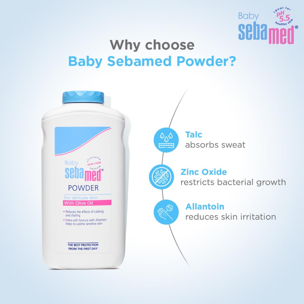 SEBAMED BABY POWDER| OLIVE OIL, ALLANTOIN|KEEPS NEWBORN’S SKIN FRESH|ABSORBS SWEAT|200 GM