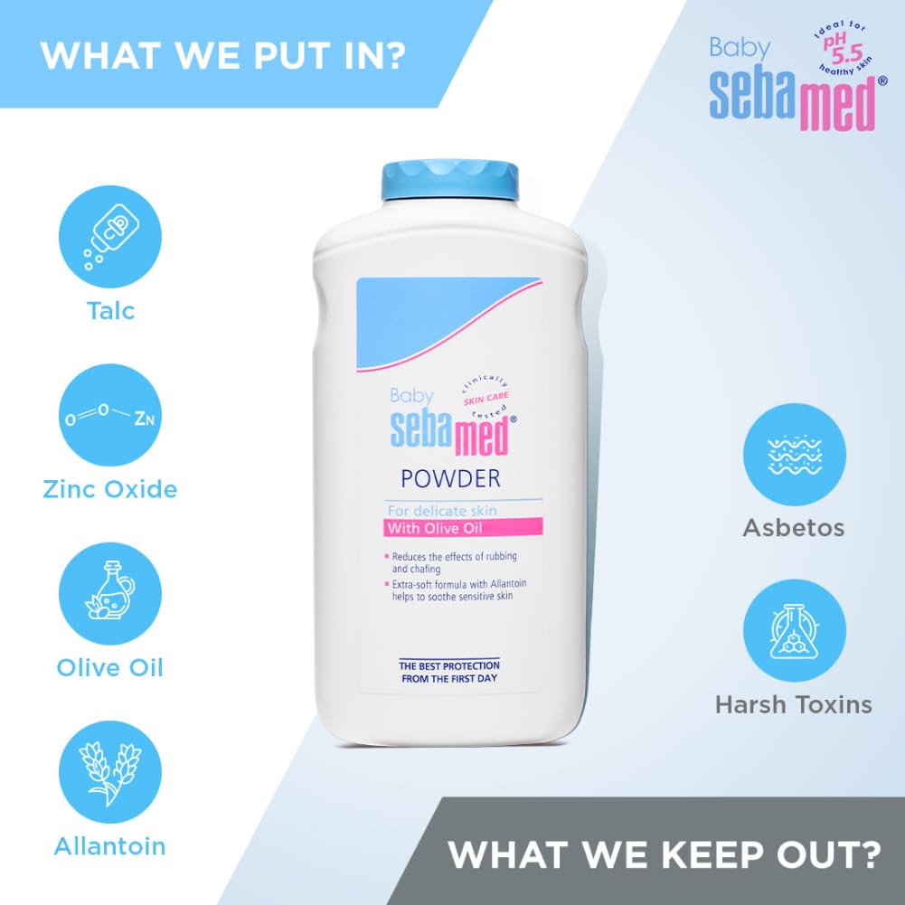 SEBAMED BABY POWDER| OLIVE OIL, ALLANTOIN|KEEPS NEWBORN’S SKIN FRESH|ABSORBS SWEAT|200 GM