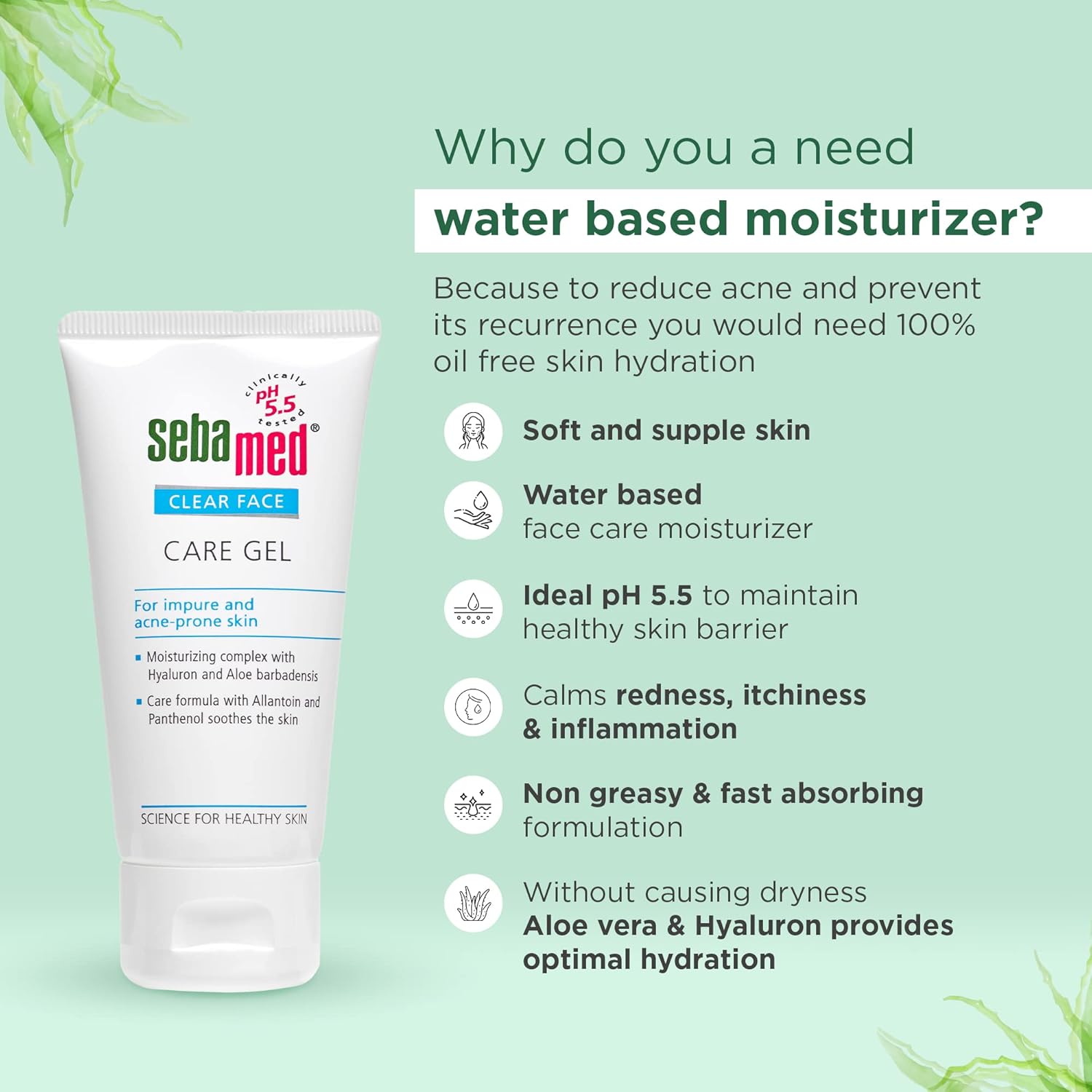SEBAMED CLEAR FACE CARE GEL | PH 5.5 |NON-STICKY MOISTURIZER WITH HYALURONIC ACID, ALOE VERA 50ML