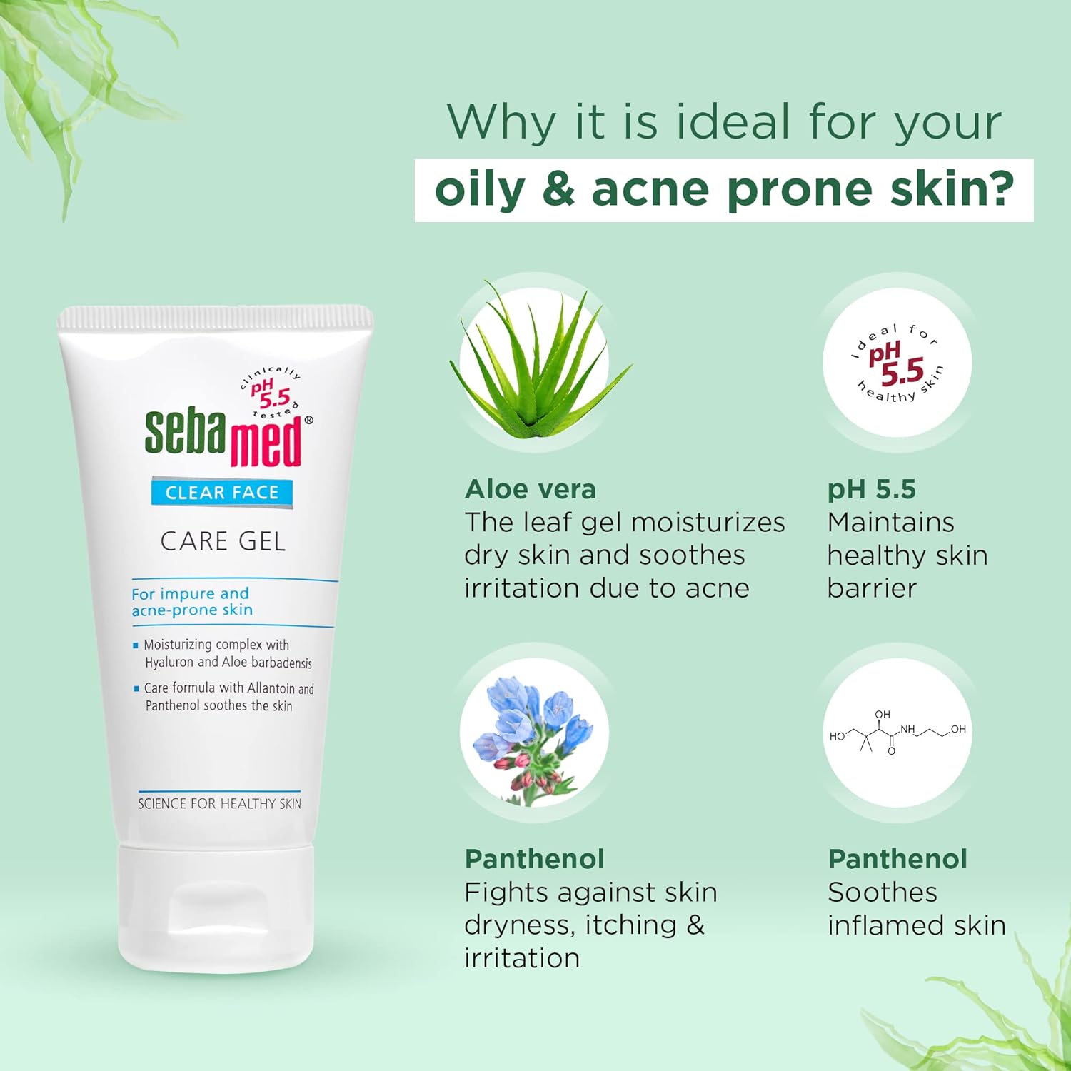SEBAMED CLEAR FACE CARE GEL | PH 5.5 |NON-STICKY MOISTURIZER WITH HYALURONIC ACID, ALOE VERA 50ML