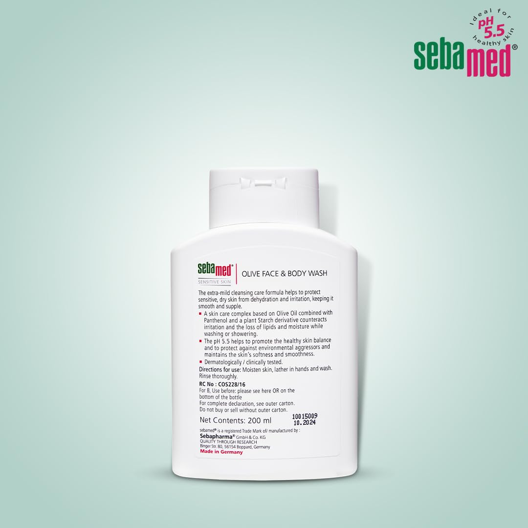 SEBAMED OLIVE FACE & BODY WASH, EXTRA MILD FOR SENSITIVE, DRY SKIN, PH5.5, SOAP FREE 200ML