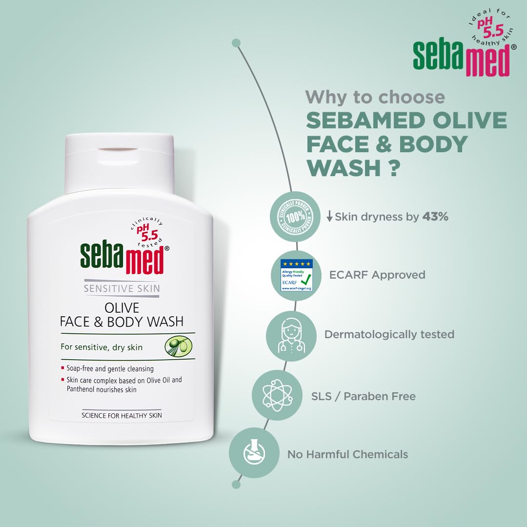 SEBAMED OLIVE FACE & BODY WASH, EXTRA MILD FOR SENSITIVE, DRY SKIN, PH5.5, SOAP FREE 200ML