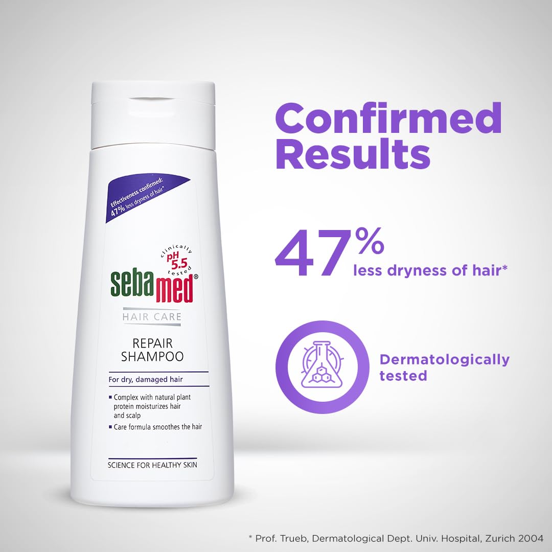 SEBAMED HAIR REPAIR SHAMPOO 47% LESS HAIR-DRYNESS CONFIRMED MOISTURISES DRY, DAMAGED HAIR 200ML