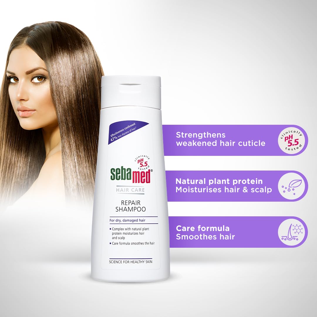 SEBAMED HAIR REPAIR SHAMPOO 47% LESS HAIR-DRYNESS CONFIRMED MOISTURISES DRY, DAMAGED HAIR 200ML