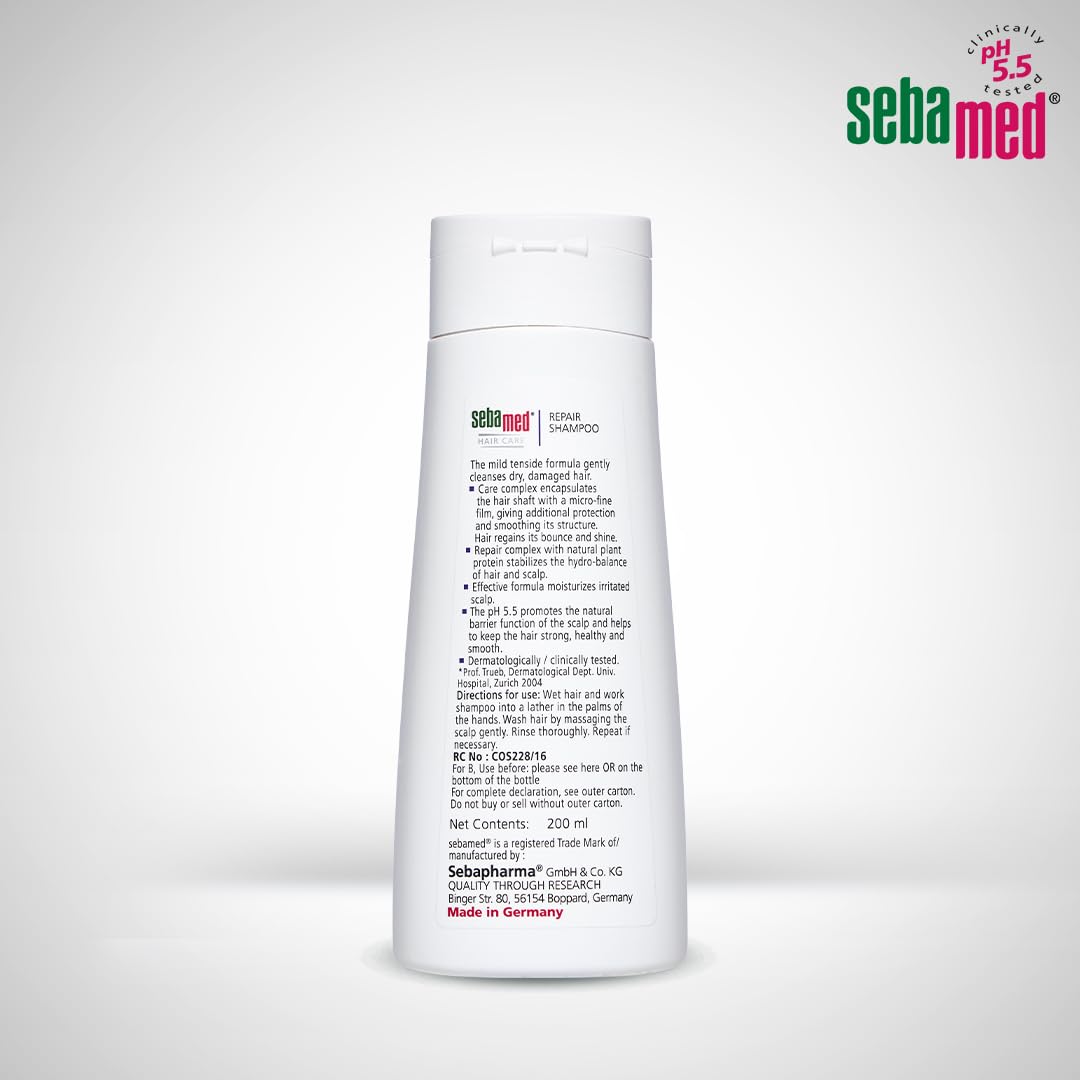 SEBAMED HAIR REPAIR SHAMPOO 47% LESS HAIR-DRYNESS CONFIRMED MOISTURISES DRY, DAMAGED HAIR 200ML