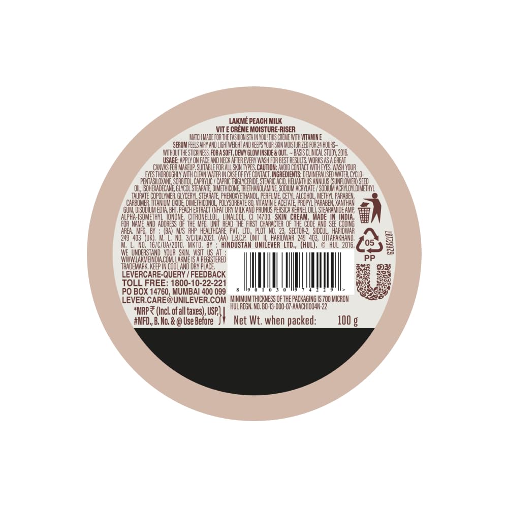 LAKME PEACH MILK SOFT CRÈME MOISTURIZER FOR FACE DAILY LIGHTWEIGHT WHIPPED CREAM 100GM