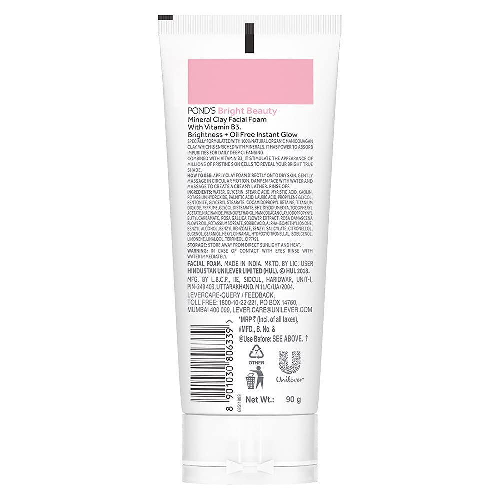 POND'S BRIGHT BEAUTY MINERAL CLAY VITAMIN B3, BRIGHTENING, FOR OIL FREE INSTANT GLOW 90GM