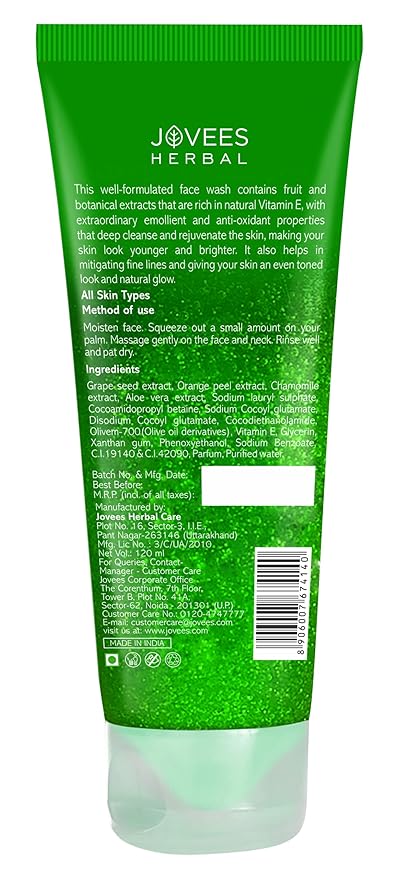JOVEES HERBAL GRAPE FACE WASH WITH GRAPE SEED & ORANGE PEEL EXTRACTS - 120ML