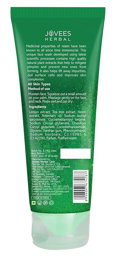 JOVEES HERBAL NEEM FACE WASH WITH NEEM & TEA TREE EXTRACTS PREVENTS PIMPLES FOR MEN & WOMEN 120ML