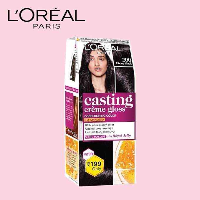 L'OREAL PARIS CASTING CREME GLOSS SMALL PACK HAIR COLOUR CREAM, 200 EBONY BLACK, 21G+ 24 ML