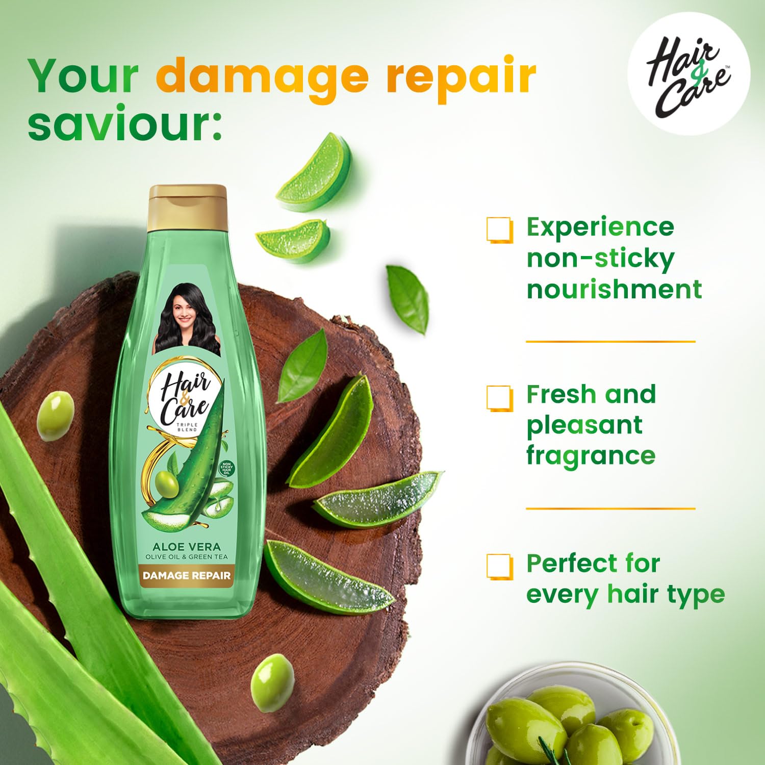 HAIR & CARE DAMAGE REPAIR NON-STICKY HAIR OIL WITH ALOE VERA, OLIVE OIL & GREEN TEA,200 ML