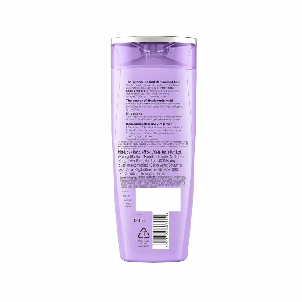 L’ORÉAL PARIS MOISTURE FILLING SHAMPOO & HYALURONIC ACID FOR DRY & DEHYDRATED HAIR,MOISTURE72H,180ML